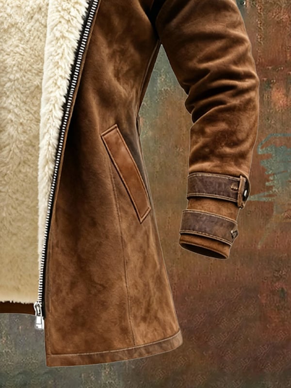 Rakibul - Ρετρό σουέτ και δερμάτινο παλτό με σχέδιο παττσγουόρκ