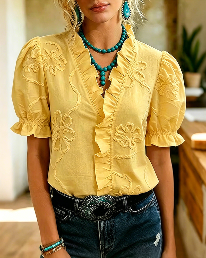 Lillynn - Μπλούζα με V-neck, βολάν και φουσκωτά μανίκια