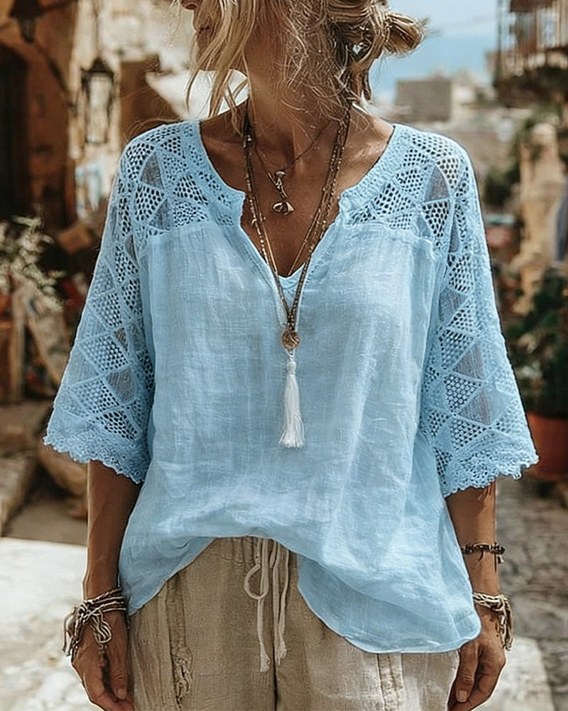 Essien - Φαρδιά μπλούζα με V-neck και δαντελένια μανίκια
