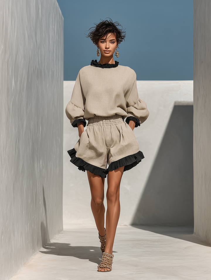 Simi - Μπλούζα και σορτς με λινό διακοσμητικό βολάν