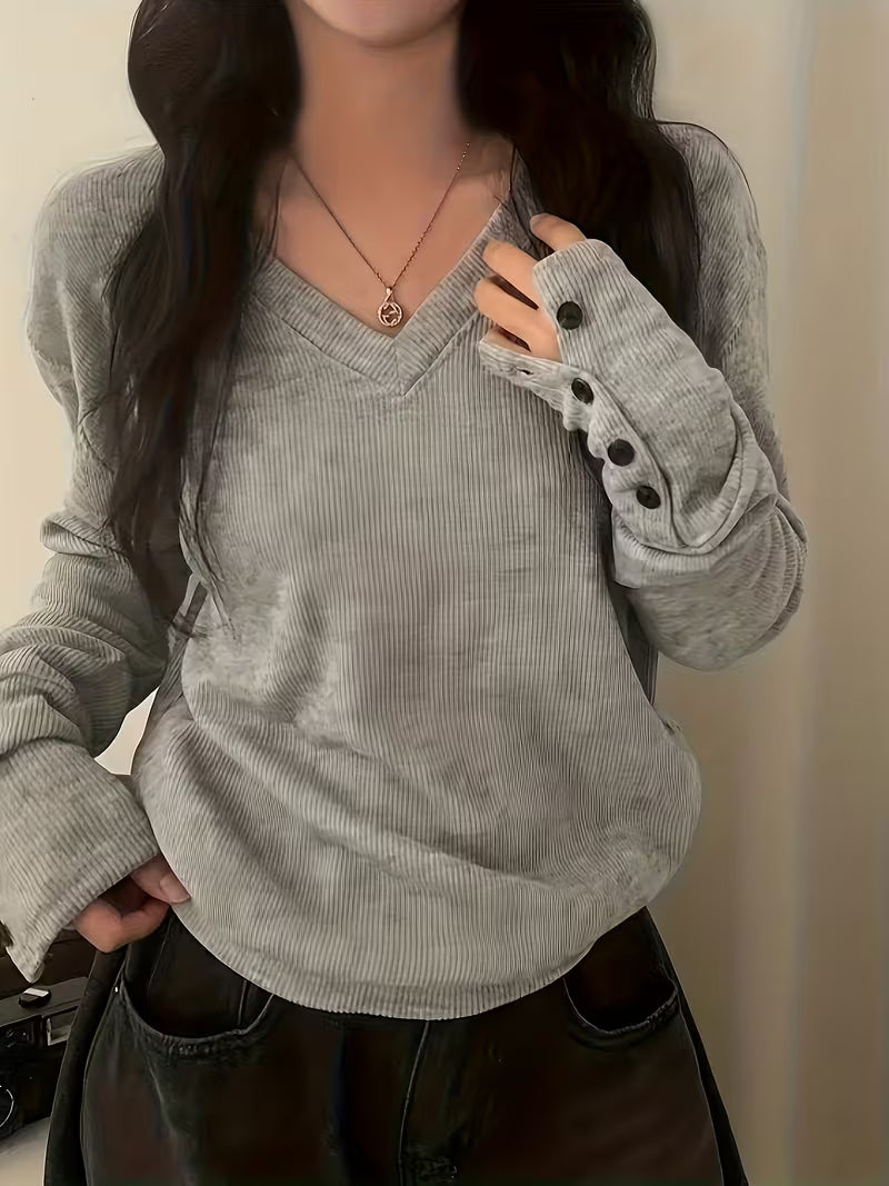 Kebina - Πουλόβερ με V-neck, ραβδωτό ύφασμα και μανσέτες με κουμπιά