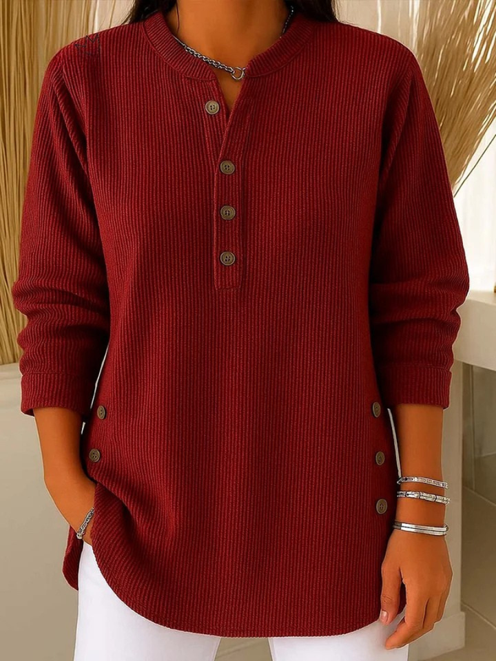 Eshani - Casual ριμπ μακρυμάνικο μπλουζάκι Henley με κουμπί