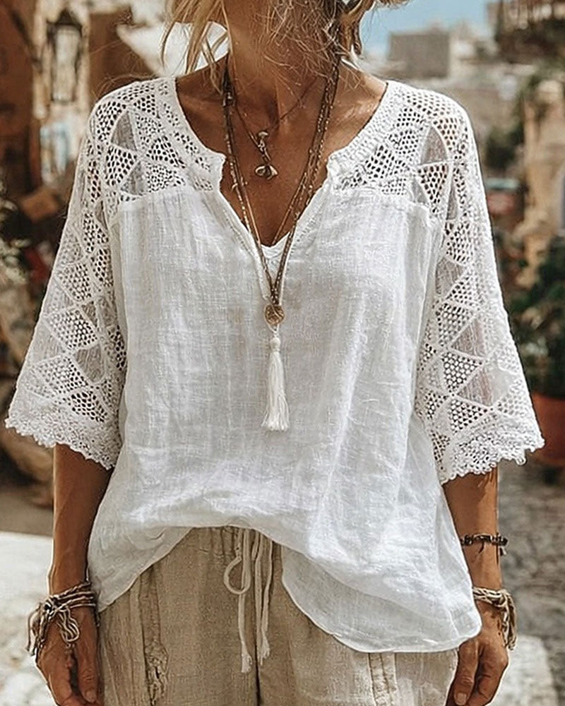 Essien - Φαρδιά μπλούζα με V-neck και δαντελένια μανίκια