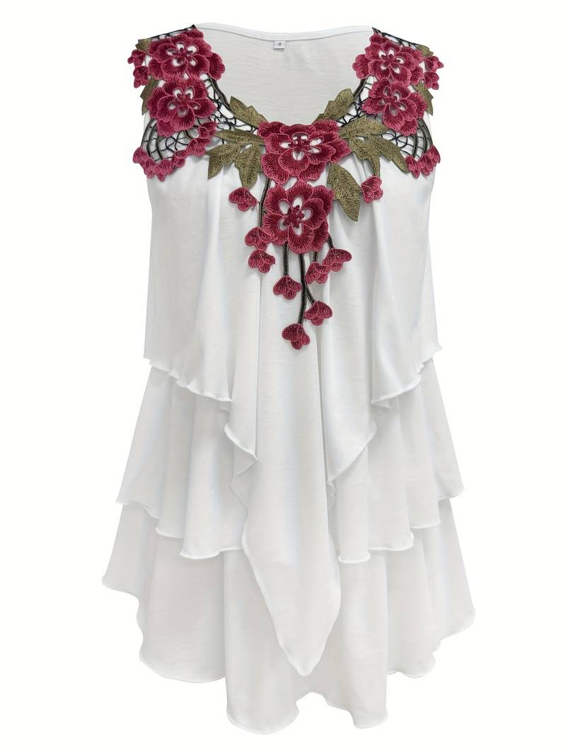 Verunka - Καλοκαιρινή μπλούζα με V-neck, διακοσμημένη με διαλυόμενη δαντέλα και βολάν σε στυλ patchwork