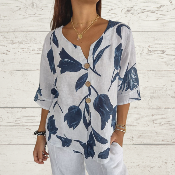 Despoina - Κομψό μπλουζάκι με λουλουδάτο μοτίβο και κουμπιά