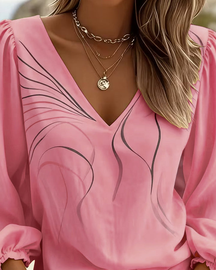 Solyna - Μπλούζα με V-neck και τυπωμένο σχέδιο και φουσκωτά μανίκια