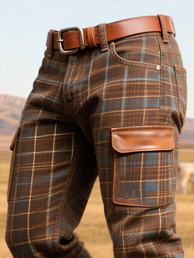 Ravindra - Κλασικό δερμάτινο παντελόνι με καρό μοτίβο