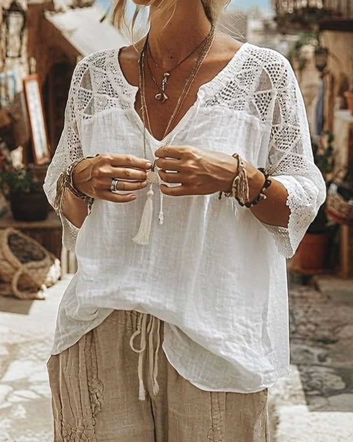 Essien - Φαρδιά μπλούζα με V-neck και δαντελένια μανίκια