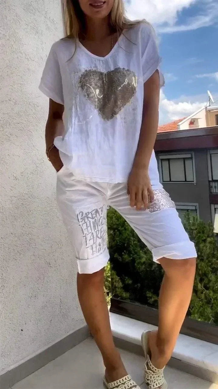 Varessa - κοστούμι δύο τεμαχίων με V-neck και χρυσή ανάγλυφη εκτύπωση