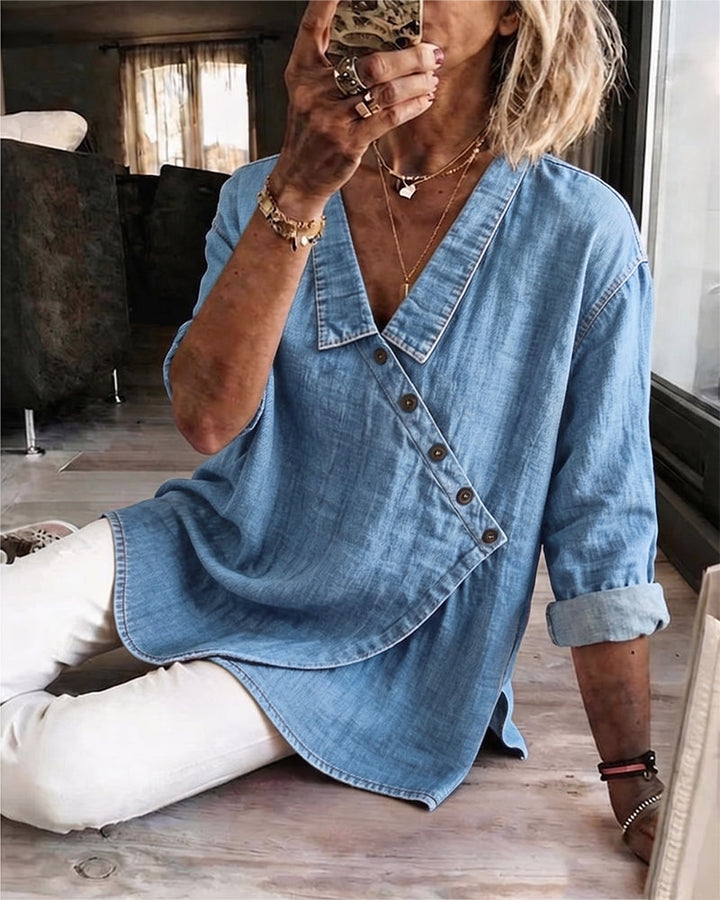 Olizia - Απλή μπλούζα με διαγώνιο κλείσιμο με κουμπιά στο λαιμό