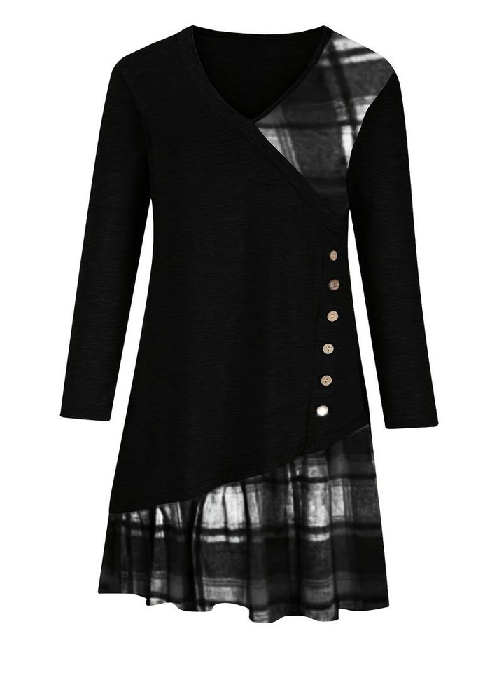 Alinor - Καθημερινό καρό φόρεμα με μακριά μανίκια και patchwork