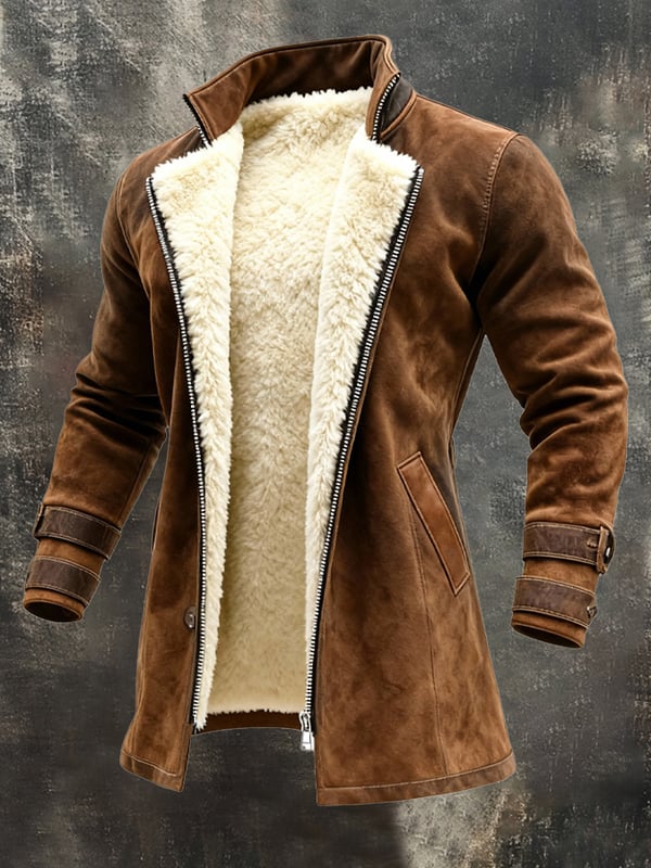 Rakibul - Ρετρό σουέτ και δερμάτινο παλτό με σχέδιο παττσγουόρκ