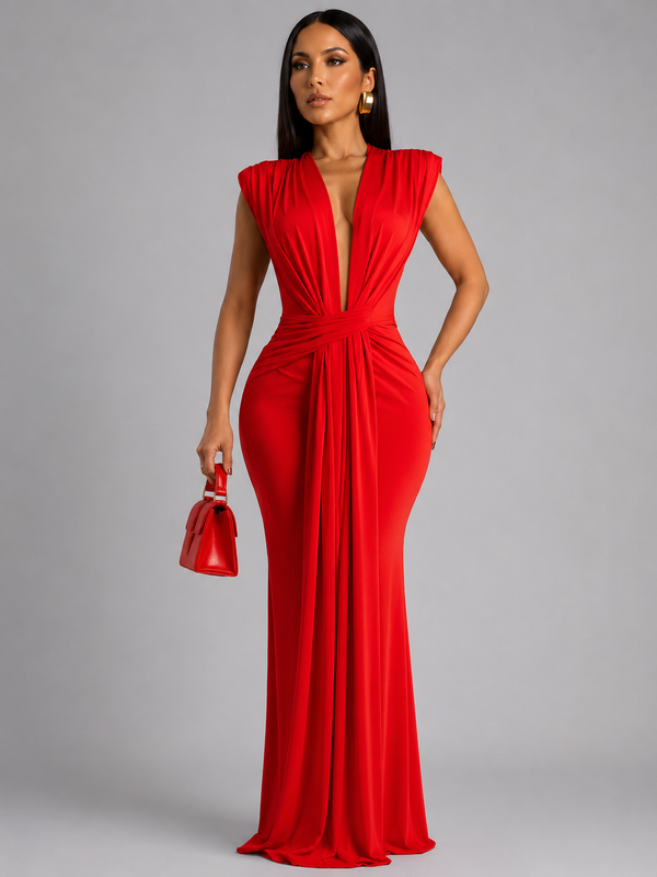 Femke - Μακρύ φόρεμα με V-neck και πτυχώσεις