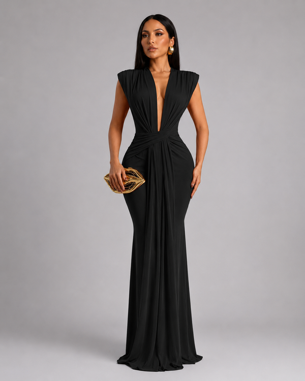 Femke - Μακρύ φόρεμα με V-neck και πτυχώσεις