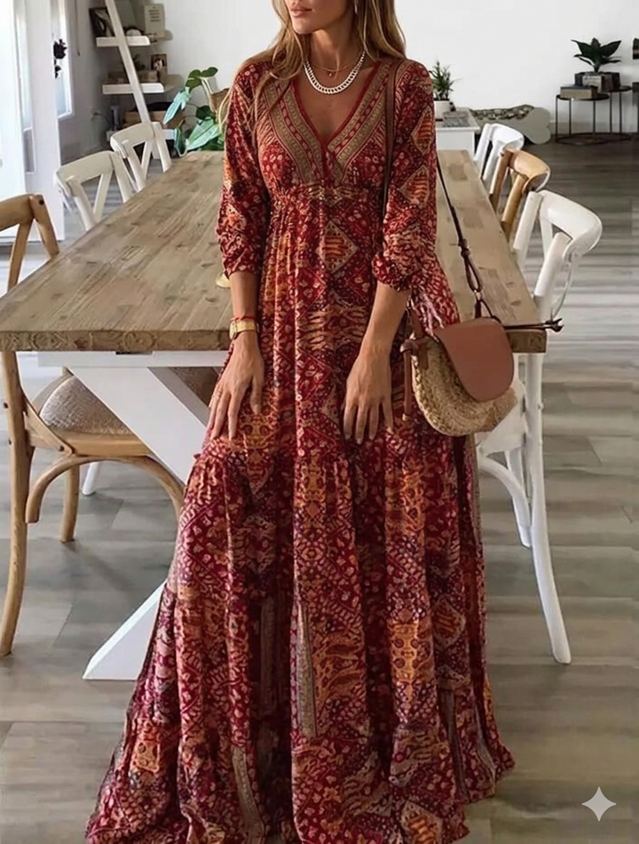 Bettie - Μακρύ φόρεμα με μισά μανίκια και μποέμ μοτίβο