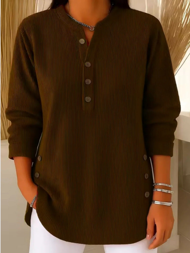 Eshani - Casual ριμπ μακρυμάνικο μπλουζάκι Henley με κουμπί