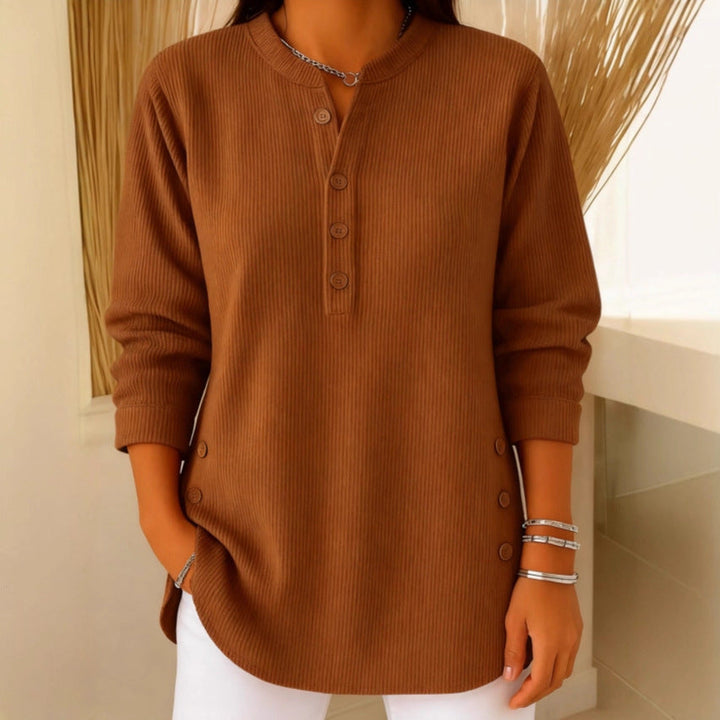Eshani - Casual ριμπ μακρυμάνικο μπλουζάκι Henley με κουμπί