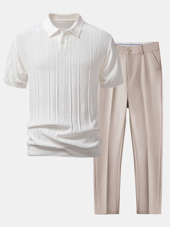 Henson - Γεωμετρικό πλεκτό πουκάμισο πόλο Ζακάρ & παντελόνι στενή γραμμή