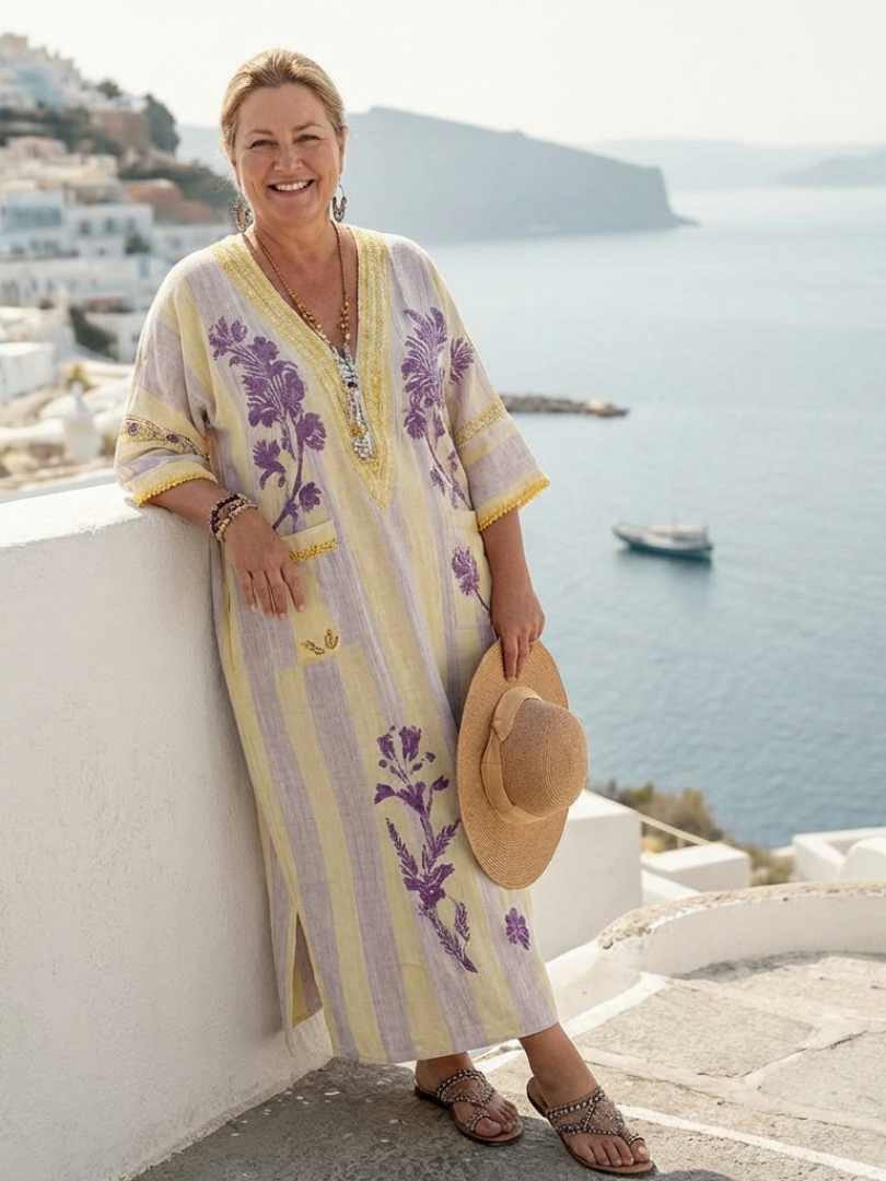 Feryana - Μακρύ φόρεμα με V-neck και ριγέ λουλουδάτο μοτίβο