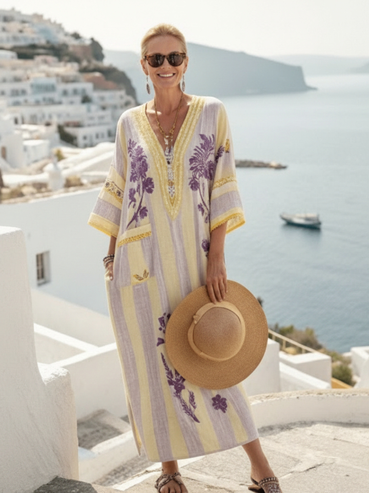 Feryana - Μακρύ φόρεμα με V-neck και ριγέ λουλουδάτο μοτίβο