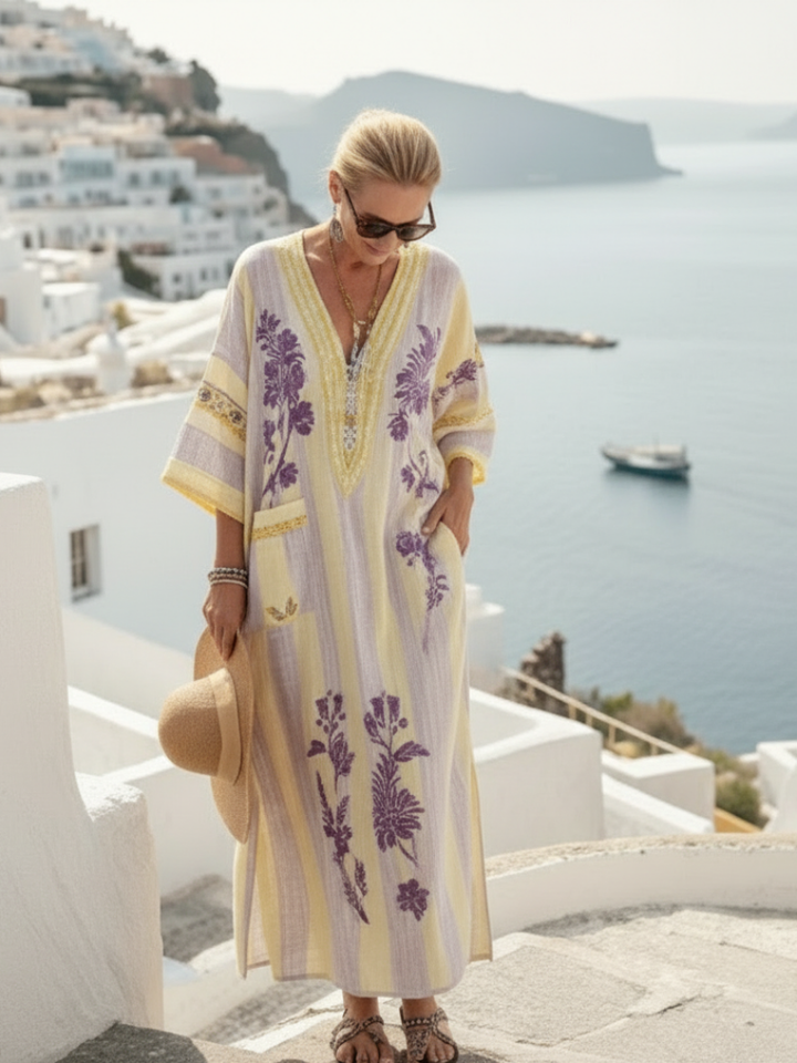 Feryana - Μακρύ φόρεμα με V-neck και ριγέ λουλουδάτο μοτίβο