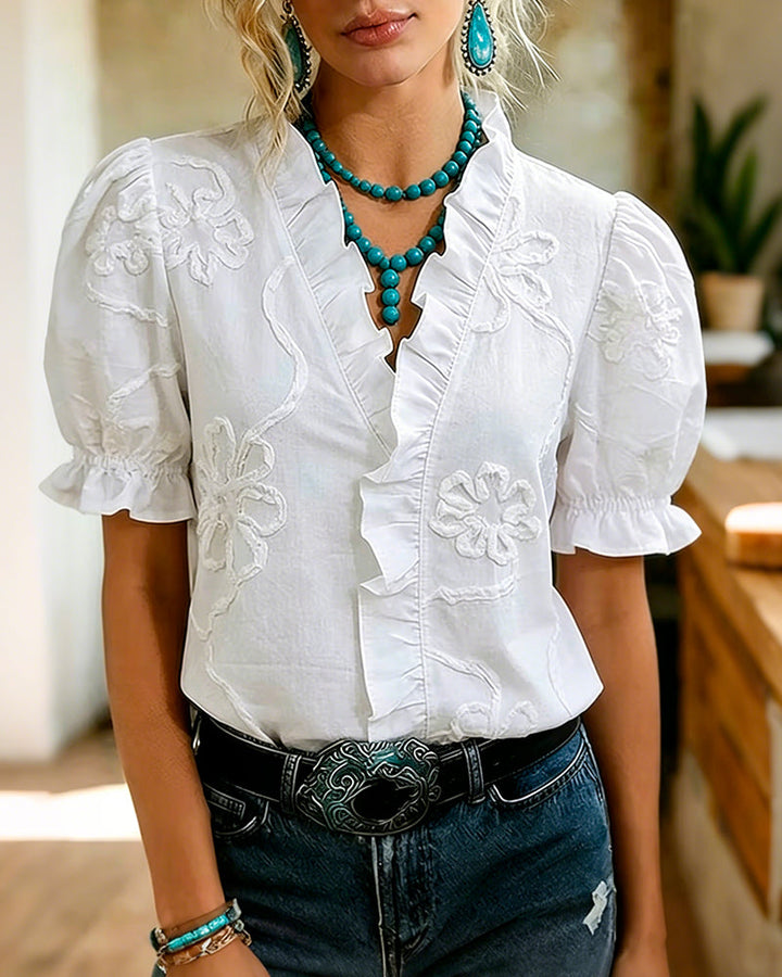 Lillynn - Μπλούζα με V-neck, βολάν και φουσκωτά μανίκια