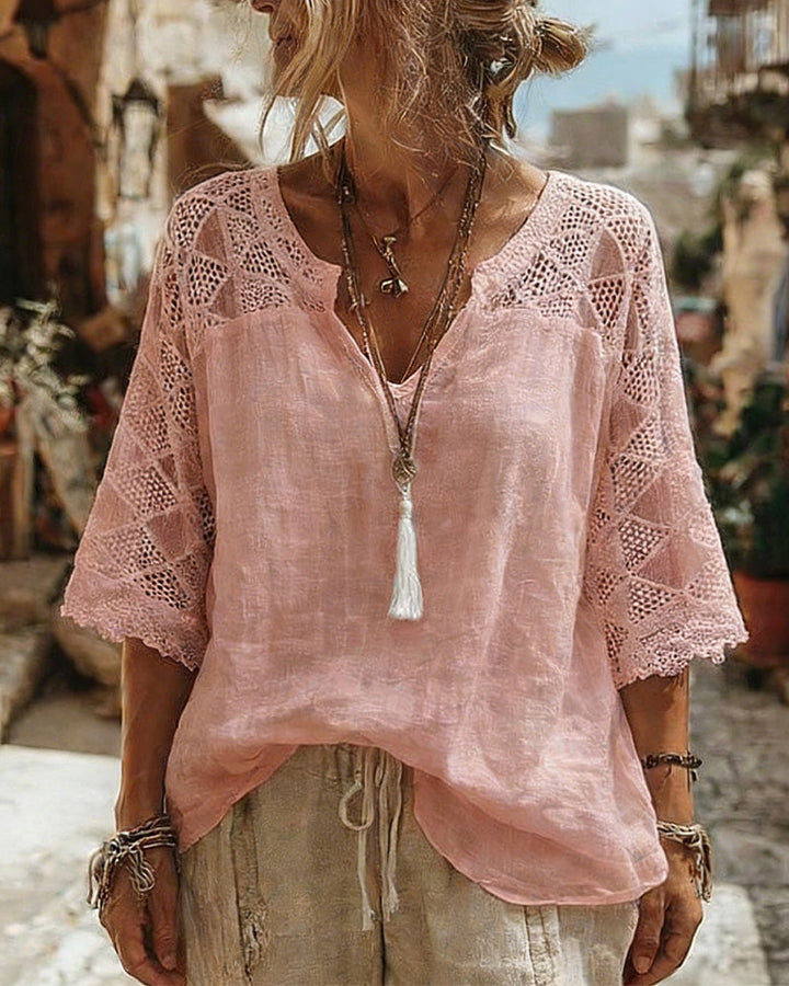 Essien - Φαρδιά μπλούζα με V-neck και δαντελένια μανίκια
