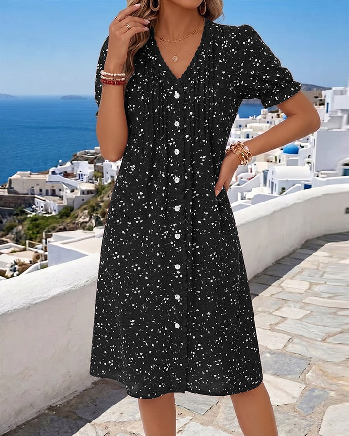 Dayma - Φόρεμα με λουλουδάτο μοτίβο V-λαιμός και κουμπιά μπροστά