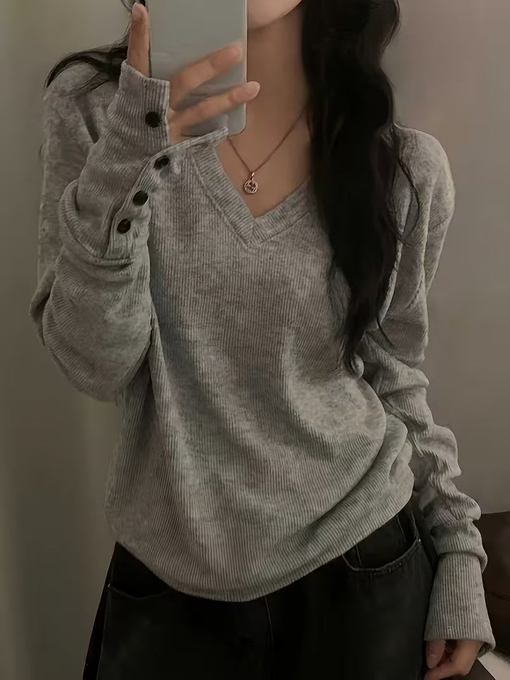 Kebina - Πουλόβερ με V-neck, ραβδωτό ύφασμα και μανσέτες με κουμπιά