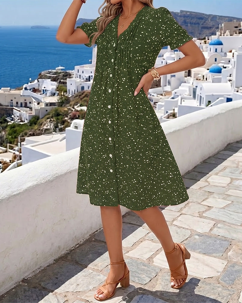 Dayma - Φόρεμα με λουλουδάτο μοτίβο V-λαιμός και κουμπιά μπροστά