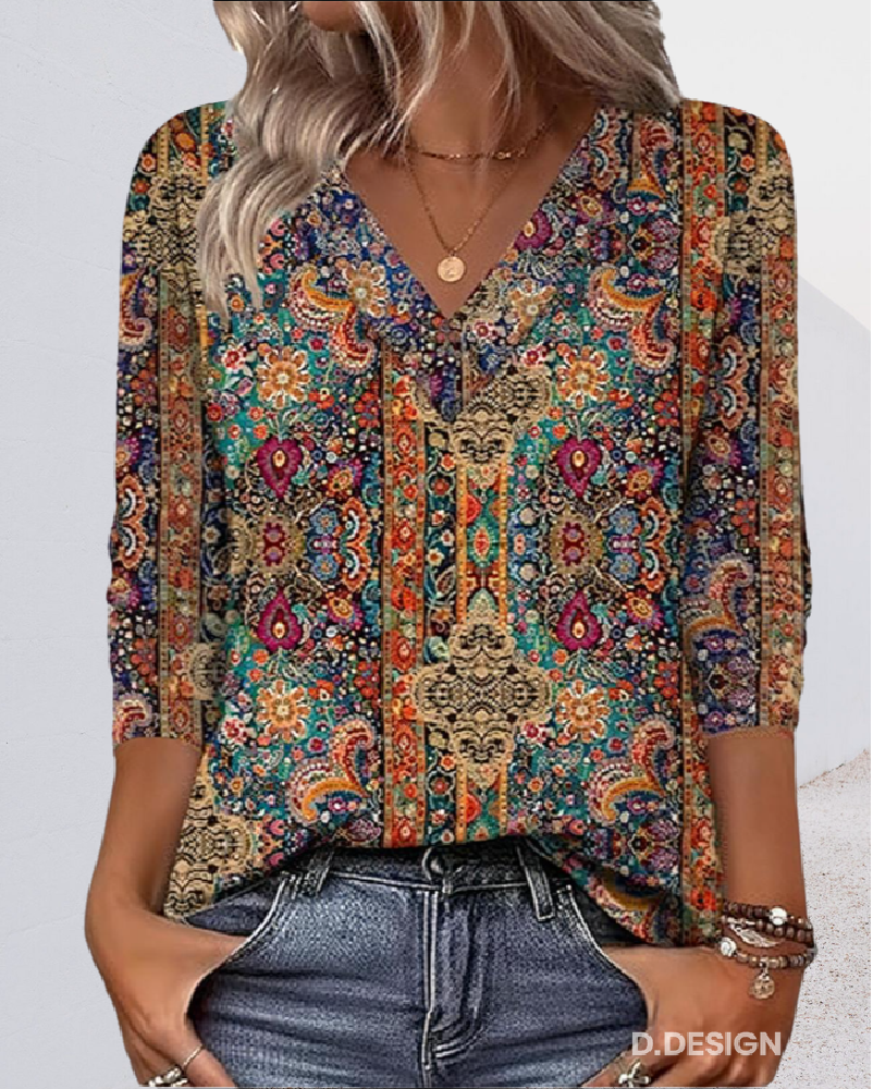 Eleeza - Μπλούζα με V-neck και ρετρό τύπωμα