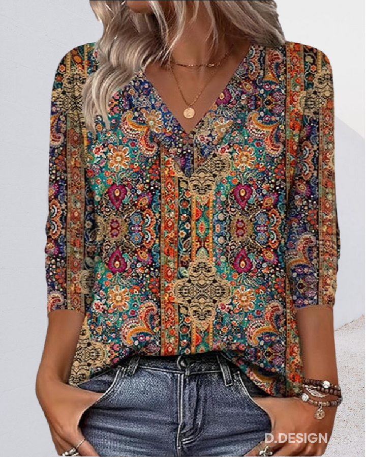 Eleeza - Μπλούζα με V-neck και ρετρό τύπωμα