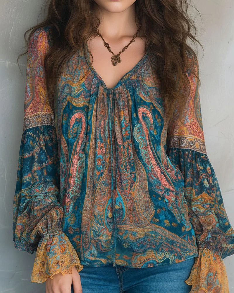Izabella - Μπλούζα σε μποέμ στυλ με V λαιμόκοψη και φαρδιές μανίκες