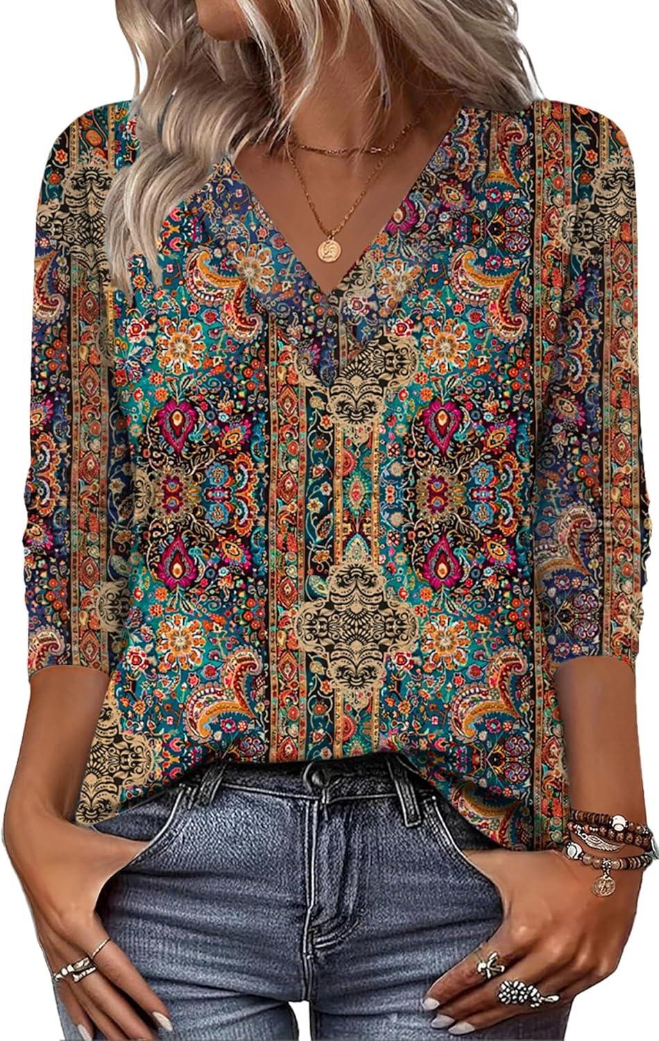 Eleeza - Μπλούζα με V-neck και ρετρό τύπωμα