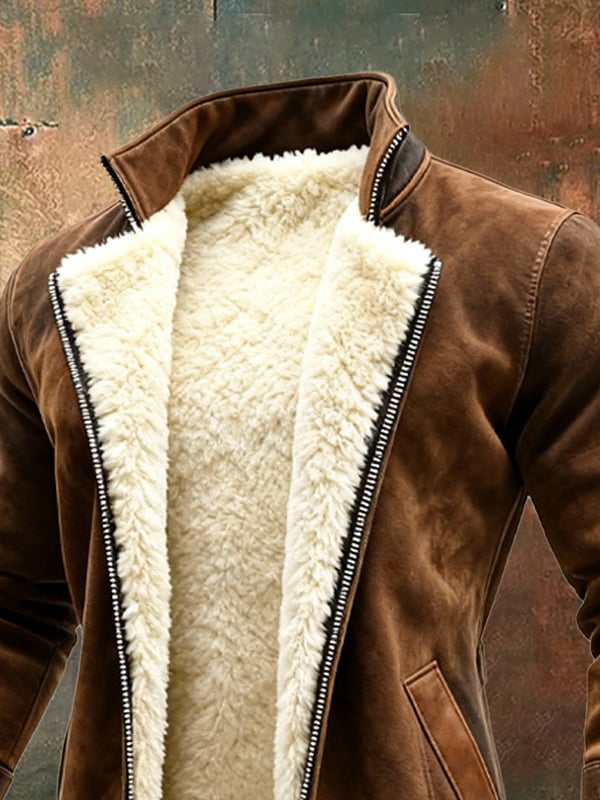 Rakibul - Ρετρό σουέτ και δερμάτινο παλτό με σχέδιο παττσγουόρκ