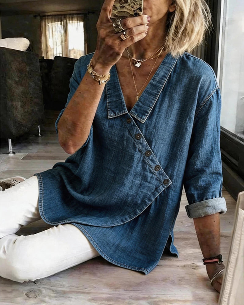 Olizia - Απλή μπλούζα με διαγώνιο κλείσιμο με κουμπιά στο λαιμό