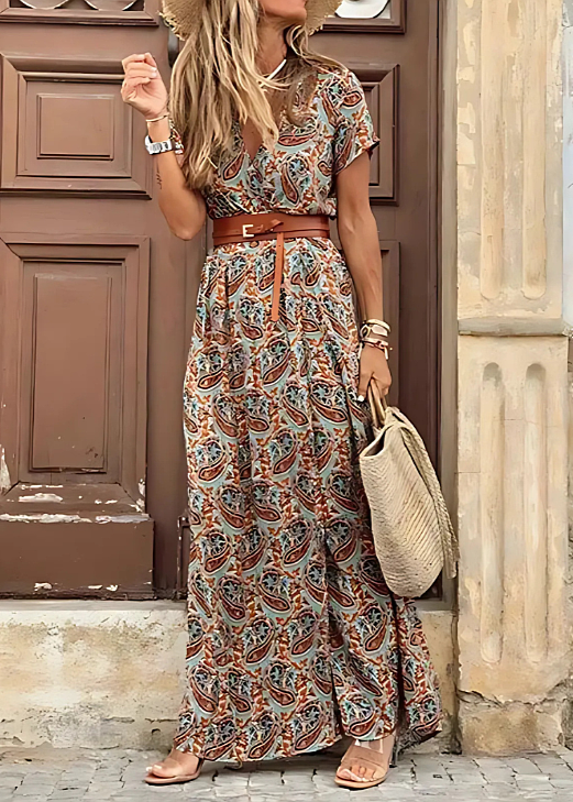 Briony - Κομψό μακρύ φόρεμα με τύπωμα Paisley και ζώνη