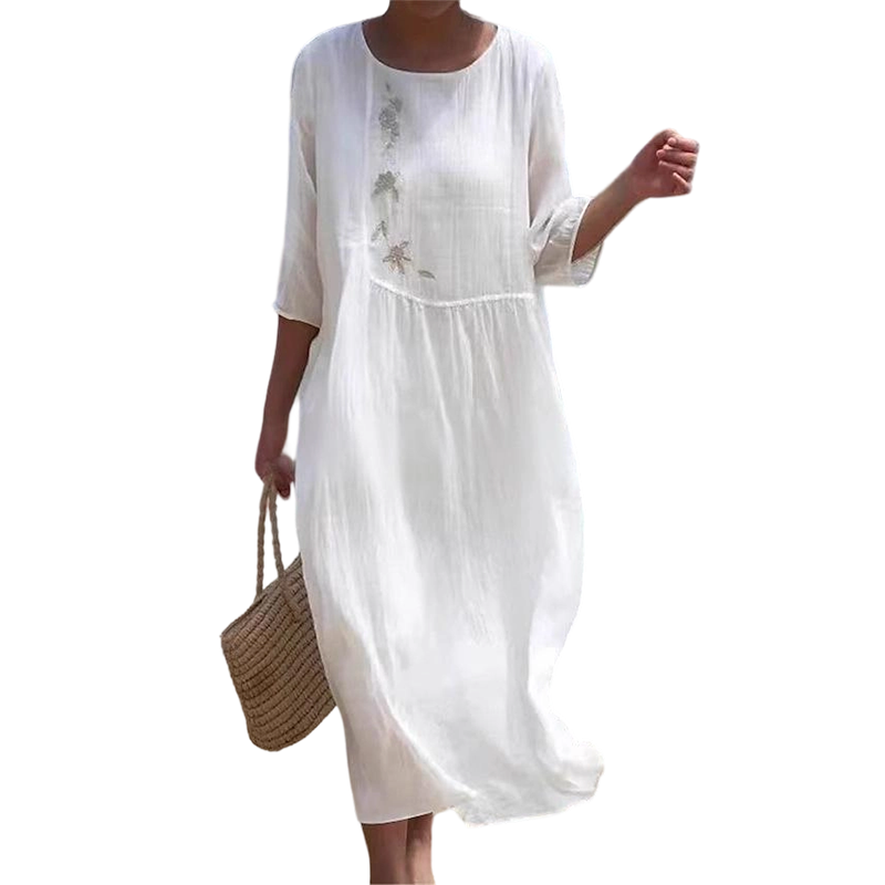 Molaka - Άνετο κεντημένο λινό φόρεμα μέσου μήκους