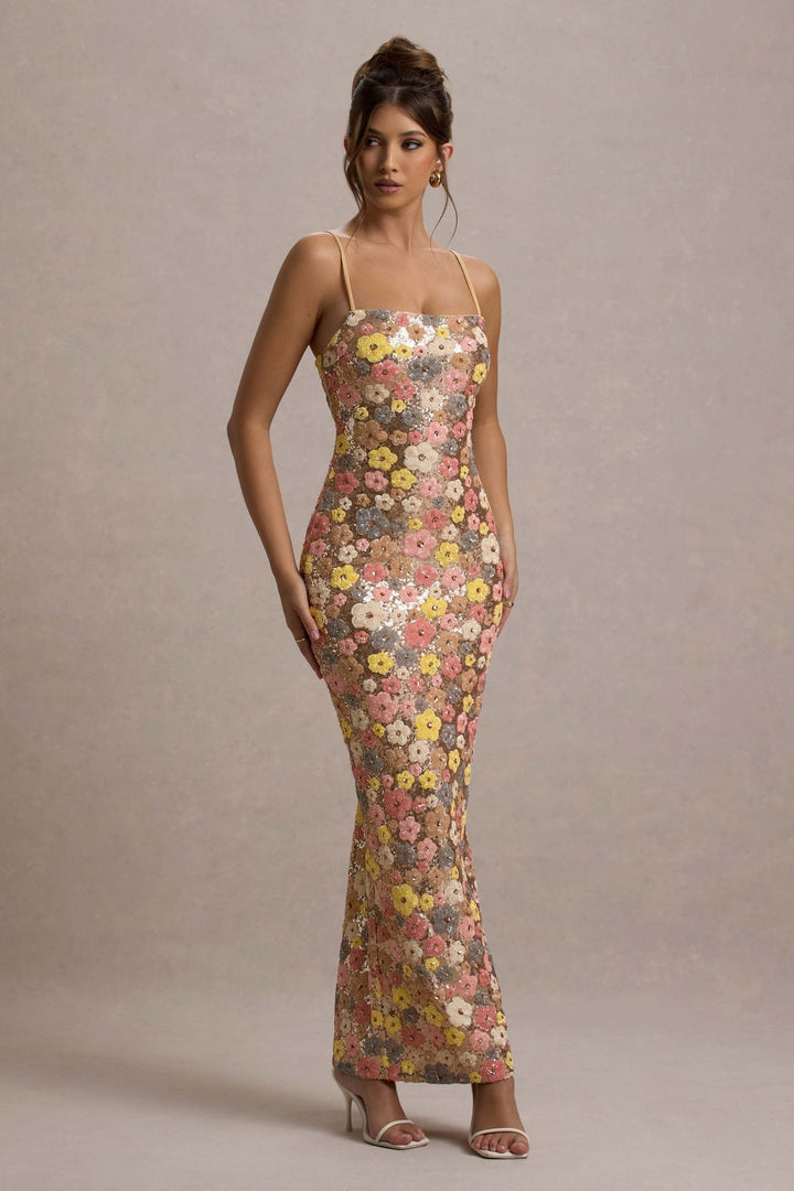 Lolita - Floral Sequin Spaghetti Lolita - Μακρύ φόρεμα με λεπτές τιράντες και λουλουδάτο σχέδιο με πούλιεςMaxi Dress