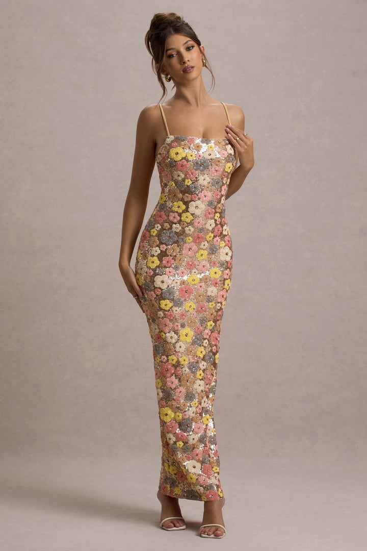Lolita - Floral Sequin Spaghetti Lolita - Μακρύ φόρεμα με λεπτές τιράντες και λουλουδάτο σχέδιο με πούλιεςMaxi Dress